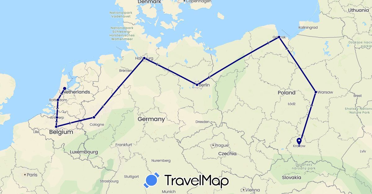 TravelMap itinerary: driving in Belgium, Germany, Netherlands, Poland (Europe)